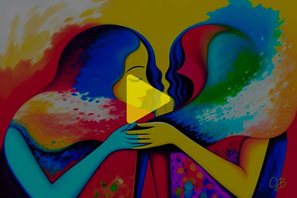 abstract artwork by cjb of a woman holding her ghost self in colors