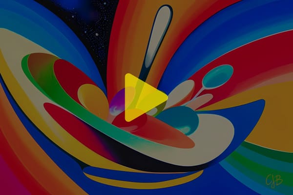 cjb artwork of a giant spoon splashing into colors with the universe in the background