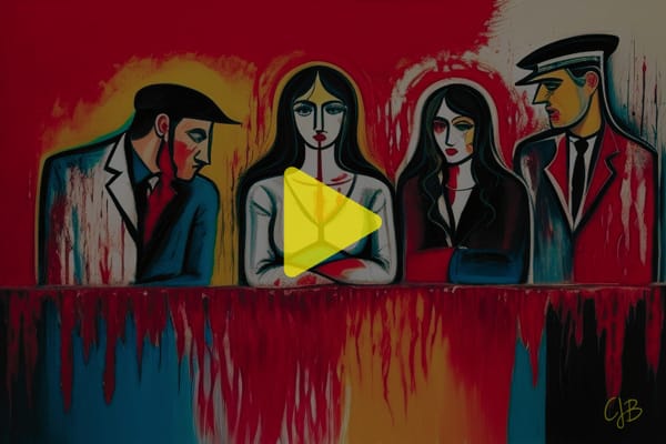 CJB DIGITAL ABSTRACT ARTWORK OF 4 HUMANS SAT AT A COLORED DESK LOOKING BLOODIED