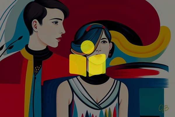 CJB ARTWORK OF MAN WOMAN IN 20s STARING SERIOUSLY WHILST SURROUNDED BY COLORS