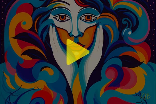 CJB ABSTRACT MULTI COLORED ARTWORK OF WOMANS FACE IN HER HANDS AND COLORS AROUND