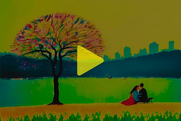 CJB ARTWORD COLORFUL YELLOWS GREENS REDS - A TREE IN A PARK WITH A COUPLE BY A LAKE AND CITY IN FAR DISTANCE