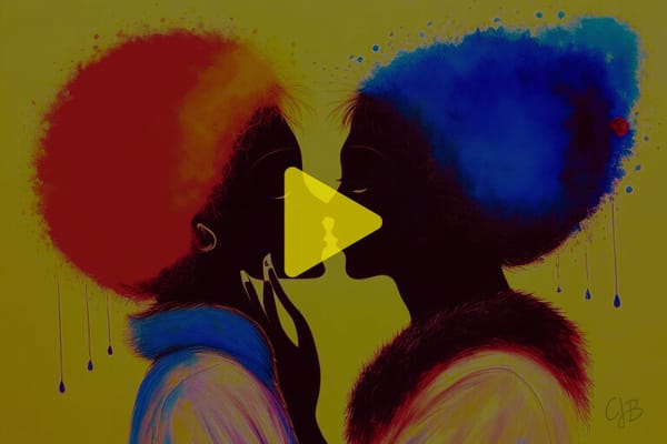 cjb artwork of two dark women looking at each other both with colored afro hair 1 red 1 blue