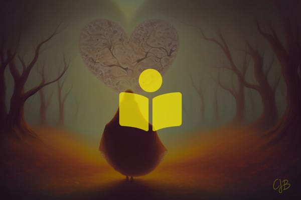 Colorful illustration of a silhouette of a woman standing looking at a glowing heart and trees either side