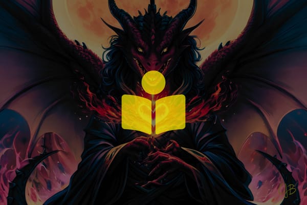 Colorful dark illustration of a dragon woman looking ahead and a glowing heart of fire