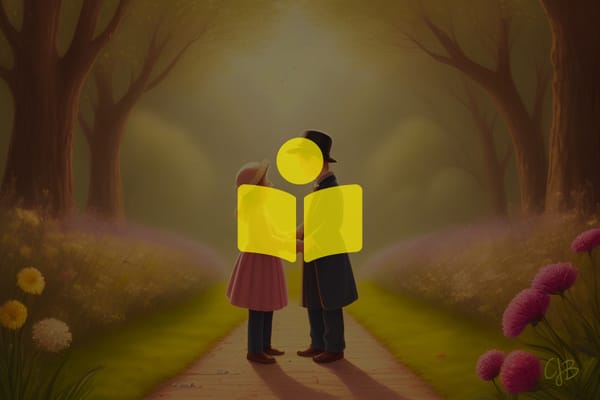 Colorful illustration of boy and girl holding hands looking at each other standing in the woods