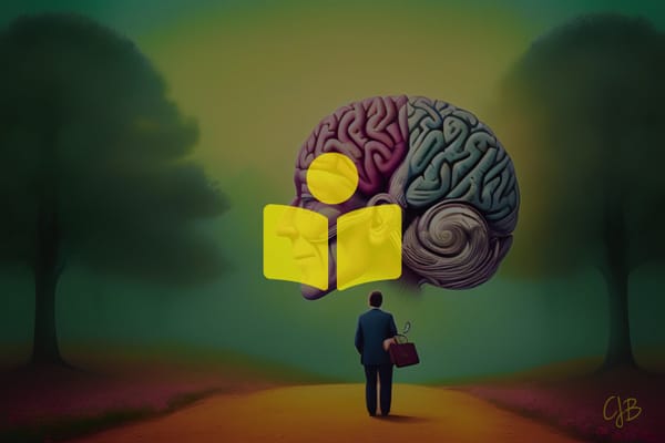 Colorful illustration of a man in a suit looking at a large brain with trees either side of the path he is on