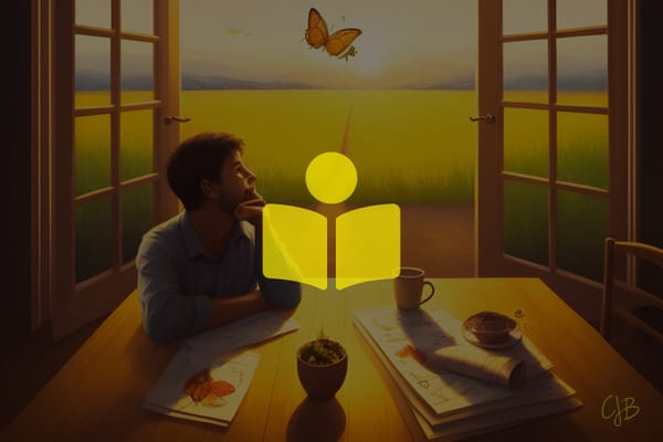 Colorful illustration of a man staring out of a window at a beautiful countryside sunny field and butterfly