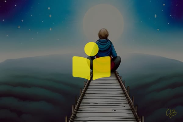 Colorful illustration of a lone boy sitting looking out to the moon from a wooden jetty