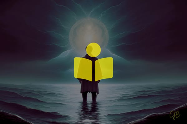 Illustration of a man standing in the ocean looking at an orb moon shining