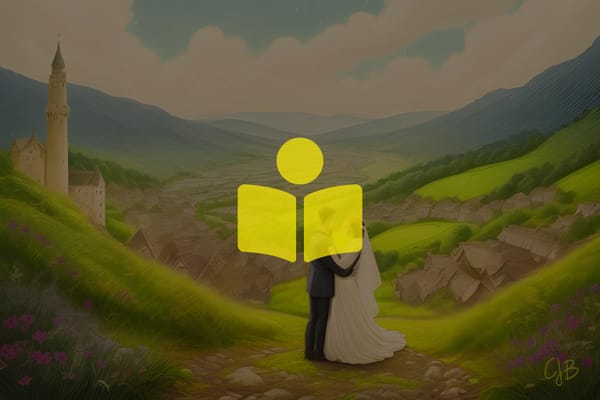 Illustration of a bride and groom looking down on a village surrounded by green hills