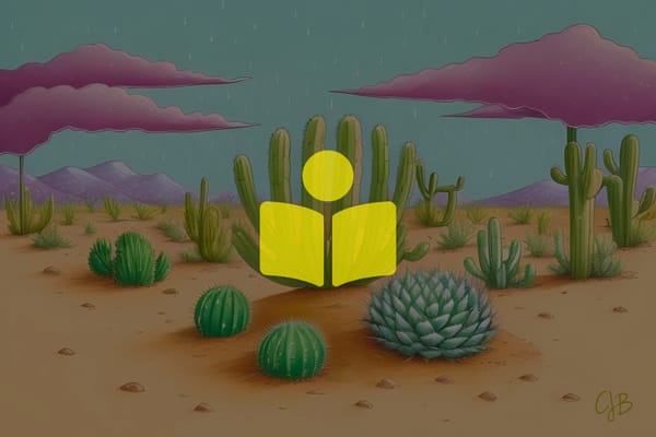 Illustration of a desert cactus under purple rain clouds