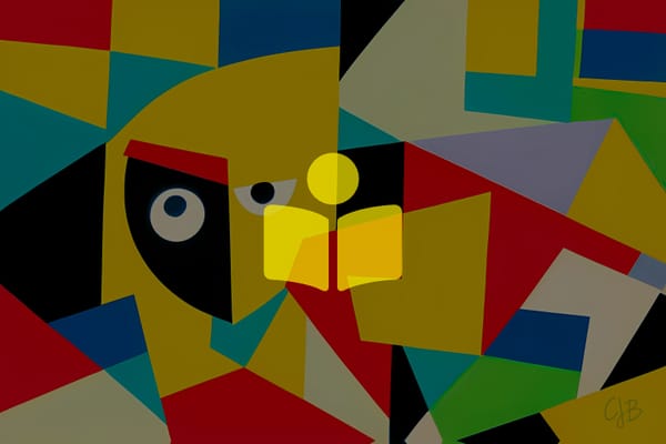 CJB ARTWORK OF COLORFUL SHAPES WITH TWO AWKWARD EYES STARING OUT DEPICTING RUSHED TIME