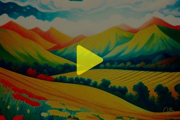 Colorful artwork by CJB of mountains and meadows with beautiful flowers and cloudy skies