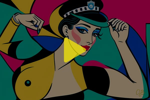 CJB ARTWORK OF ABSTRACT BEAUTIFUL WOMAN WITH POLICE HAT ON AND BLUE EYE LINER