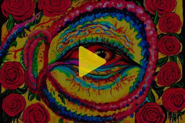 CJB ARTWORK OF A RED EYE STARING OUT FROM ROSES AND SWIRLS