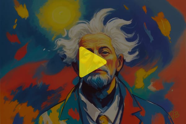 CJB ARTWORK OF A 70 ISH YEAR OLD MAN WITH WILD WHITE HAIR SURROUNDED BY COLORS