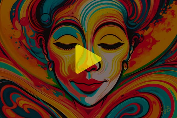 CJB COLORFUL ARTWORK OF WOMANS FAVE EYES CLOSE SMILING FACE AND BACKGROUND SWIRLED IN COLOR