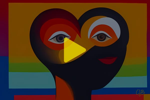 CJB ARTWORK OF AN ABSTRACT FACE SMILING WITH HEAD SHAPE OF A HEART AND COLORED SQUARES AROUND