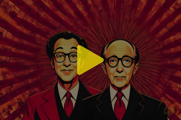 cjb artwork of two men over 50 with black glasses side by side looking wide eyed and a red fanned background