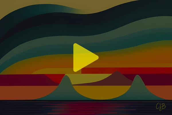 cjb artwork colorful calm sea with shapely abstract mountains and wavy lined sky