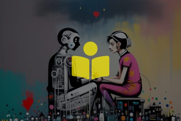 colorful cjb image of a robot with a girl artist sitting opposite each other