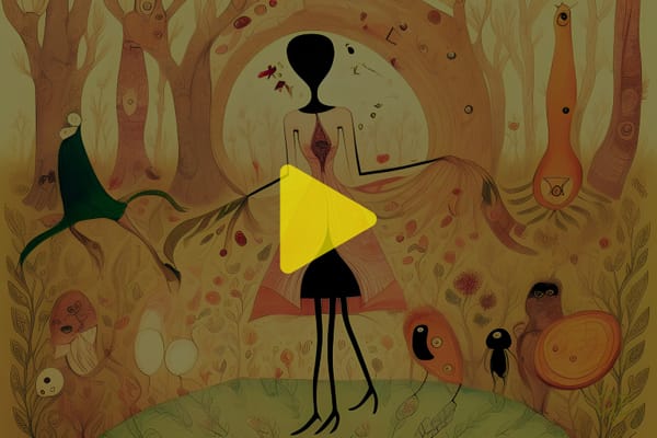 cjb artwork colorful of 3 legged black female figure standing in weird forest of weird creatures