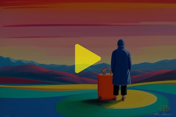 colorful artwork by CJB of a person wearing a raincoat looking away towards mountains of a colorful landscape