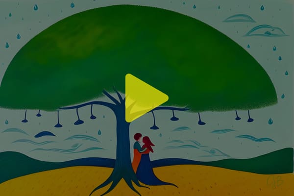 colorful illustration of a couple in love holding each other under an abstract tree with rain acting like leaves