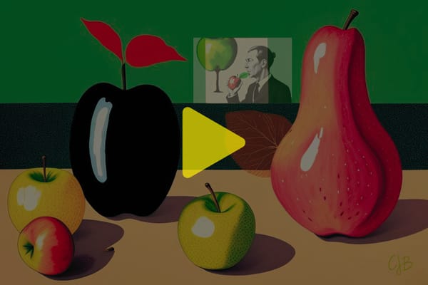 CJB ABSTRACT CREATION OF SEVERAL APPLES VARIOUS COLORS ON A TABLE WITH A MAN EATING 1 IN A PAINTING BEHIND