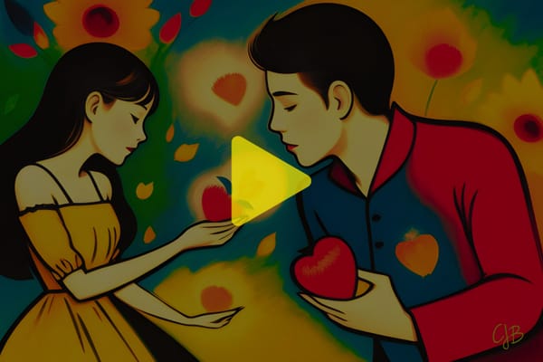 colorful illustration of a young man and woman holding apples and not looking at each other