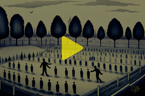 CJB art showing black silhouettes playing football in a graveyard