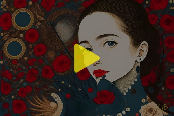 cjb colorful image of a beautiful womans face surrounded by red roses with a peacock background design