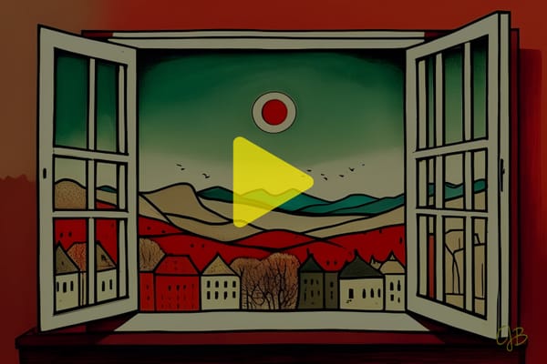 cjb artwork of a red governed colorful digital painting of an opened window overlooking house roofs and red sun and hills