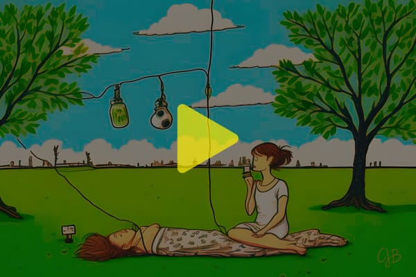 cjb colorful green drawing of 2 people surrounded by wires in a park, 1 lying, 1 sitting, trees either side