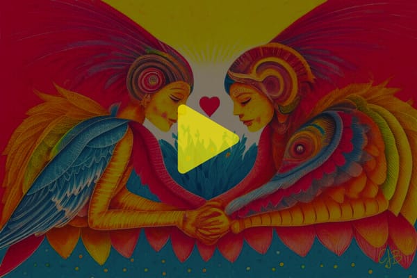 cjb colorful drawing of two colorful humanoid angels holding hands with a heart in between them