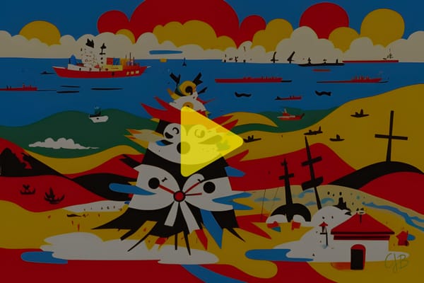 Colorful artistic illustration of a seaside city destroyed and lots of abstract war planes and boats around it