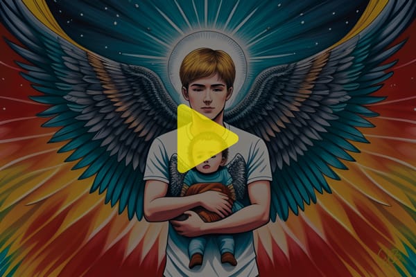 colorful illustration of father with angel wings holding a baby boy with wings in his arms