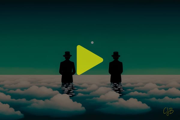 CJB Colorful artwork of two black suited silhouettes standing in clouds. They have top hats on & backs to you.