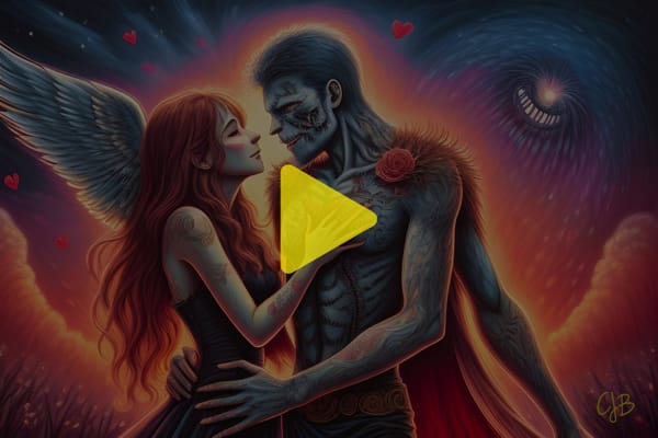 colorful cjb illustration of a couple, the man a beast the woman a rock angel, holding each other in love