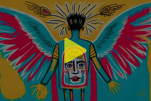 cjb artwork of a young male with a multicolored body facing away from you with wings unfurled