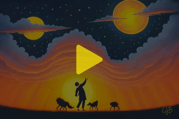 colorful image of a silhouette of a person with some strange doglike animals dancing under the sunset sky