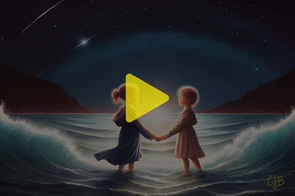 colorful illustration of two children holding hands at the edge of the sea looking at each other with stars around