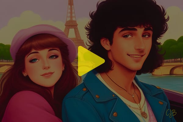 colorful illustration of an 80s looking young couple smiling with the Eiffel Tower behind them in Paris