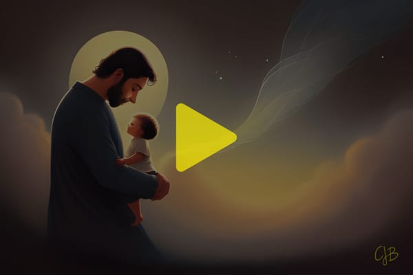 colorful illustration of a father holding his tiny baby child with the moon behind him and the heavens abound