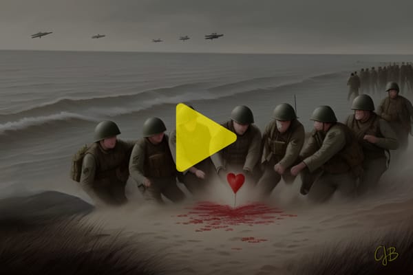 colorful drawing of a group of soldiers on the d-day beaches crowded around a red heart