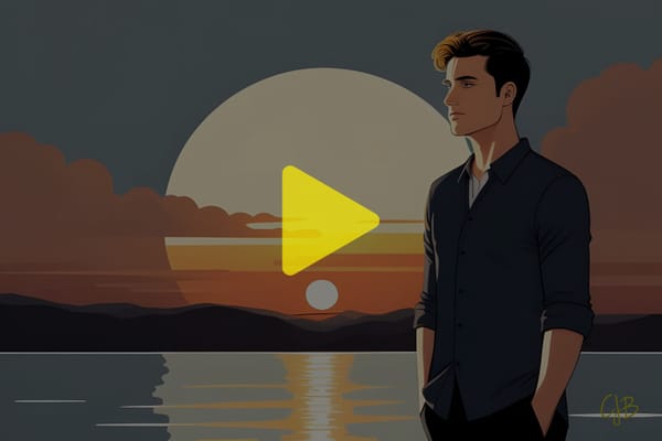 colorful illustration of a man in his 20s wearing a shirt with hands in his pockets looking sadly at a sunset