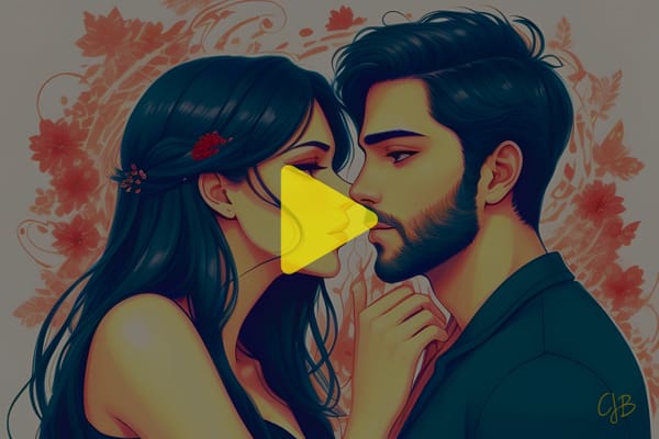 colorful drawing of a couple about to kiss both with black hair and love in their eyes