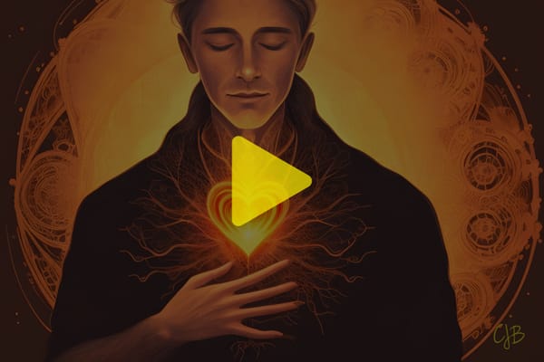 colorful illustration of a good looking man with his eyes closed and placing his hand on his glowing chest