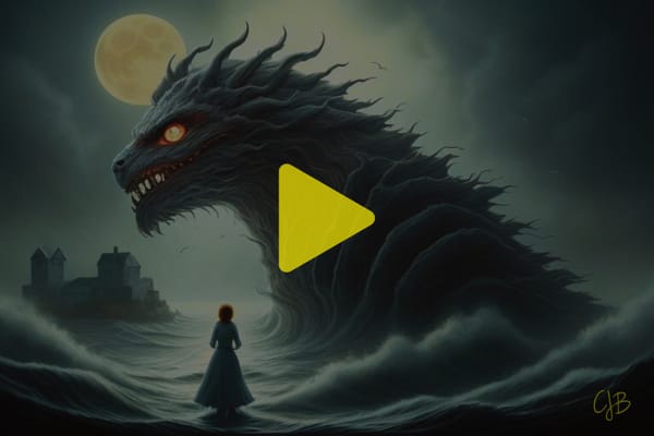 colorful illustration of a girl staring out to a moonlit sea staring at a huge monster approaching a village to the left